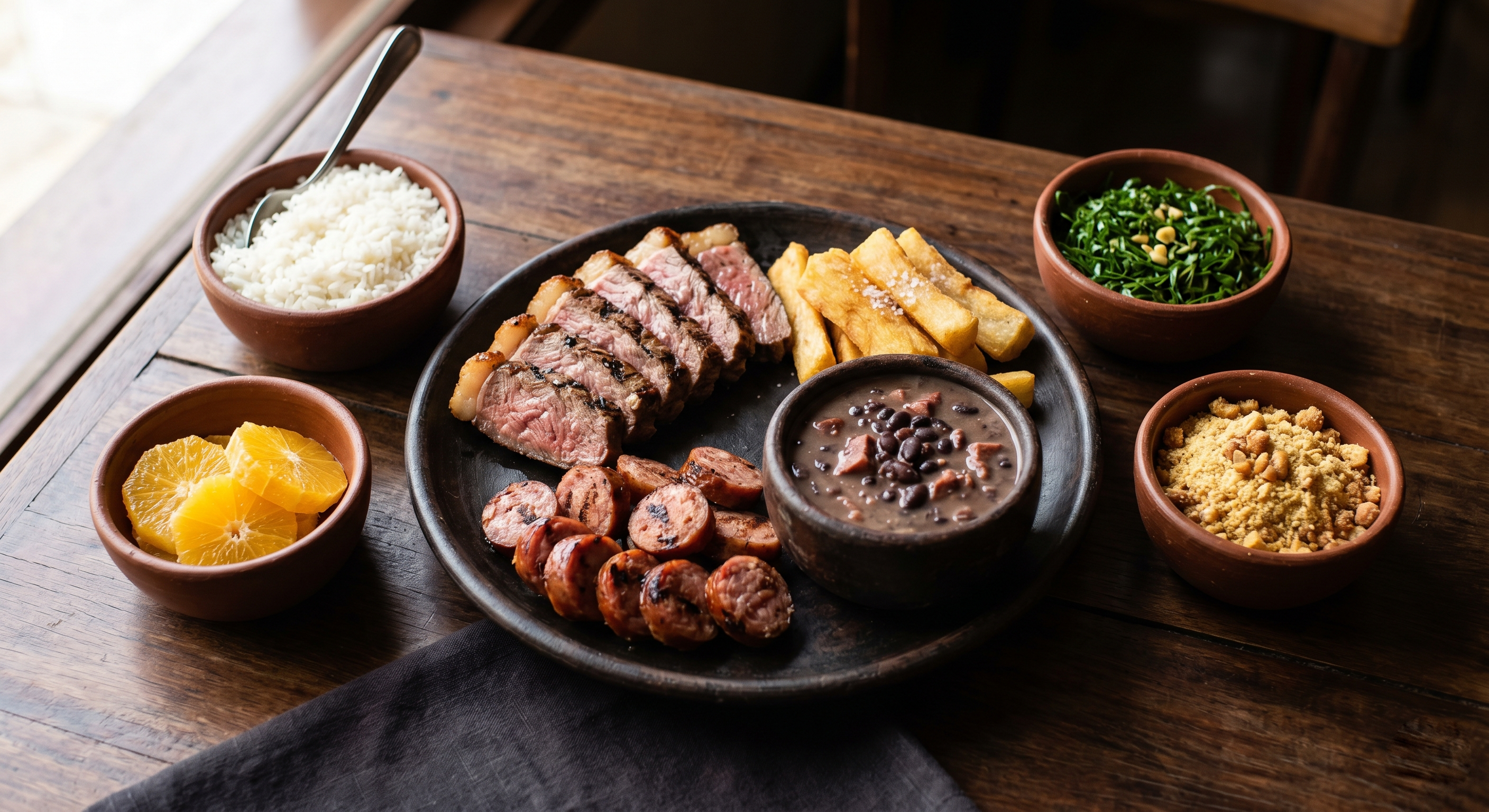 Feijoada completa para 2 pessoas com contrafilé, linguiça, mandioca frita e bebida